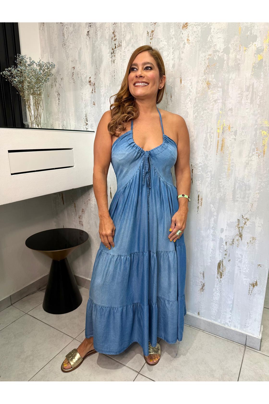 Halter Denim Midi Dress